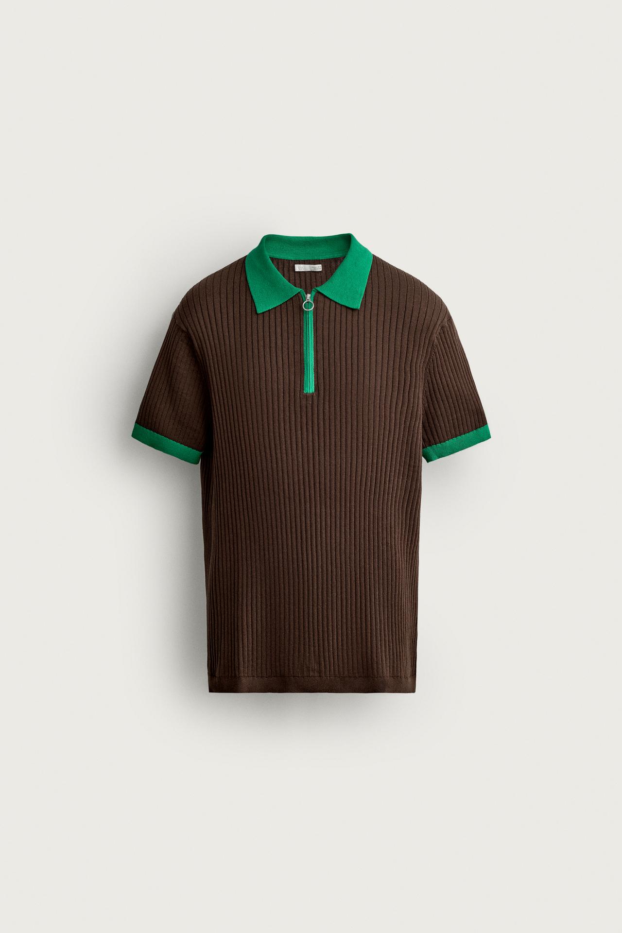COLOR BLOCK ZIP KNIT POLO SHIRT — Brown