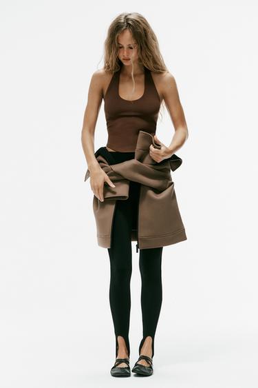 Zara ROUNDED HEM HALTER TOP - Brown