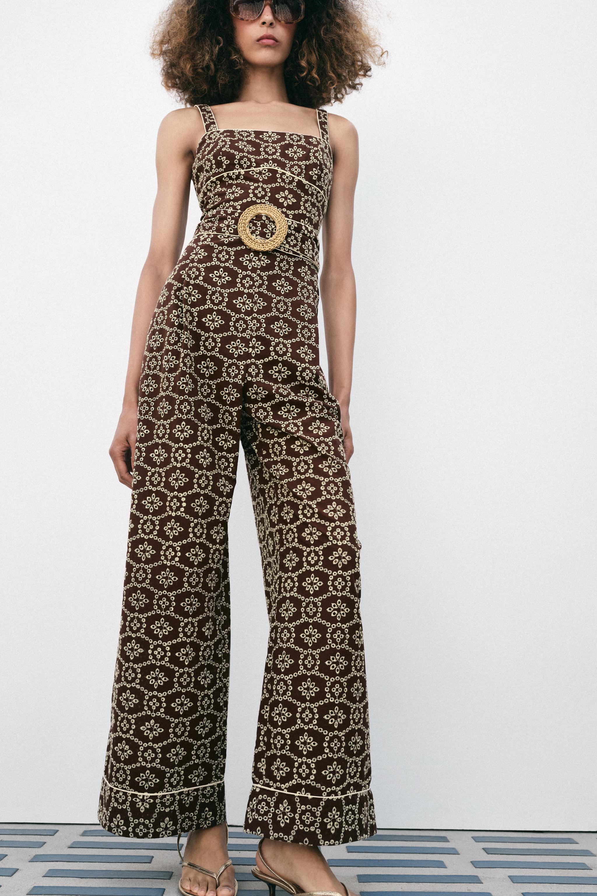 PERFORATED EMBROIDERED BELTED JUMPSUIT