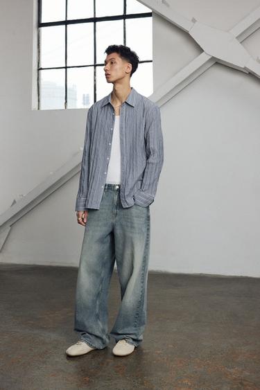 Zara 寬鬆版提花條紋襯衫 - 藍色