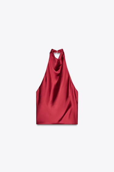 SATIN HALTER TOP - Cherry red by Zara