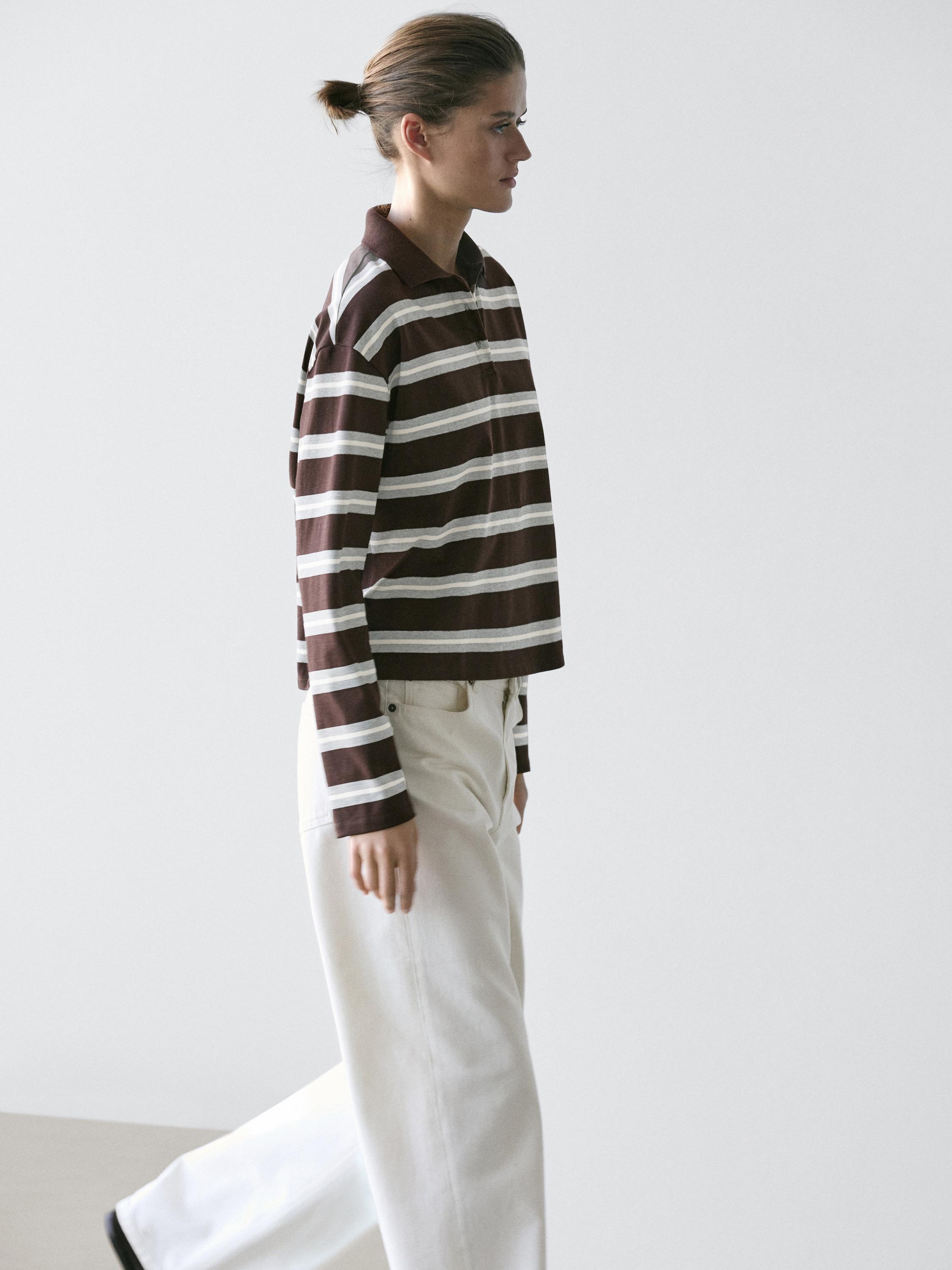 Striped long sleeve cotton polo shirt