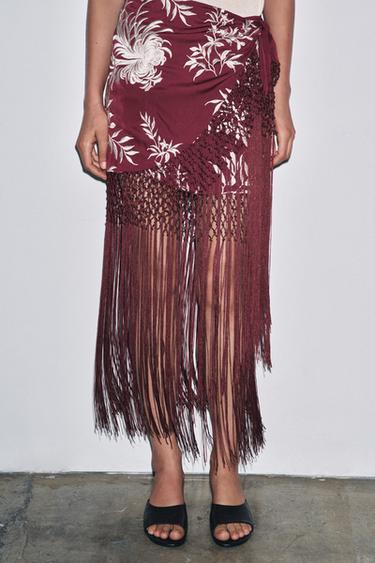 EMBROIDERED FRINGED WRAP SKIRT - Burgundy by Zara - Image 1