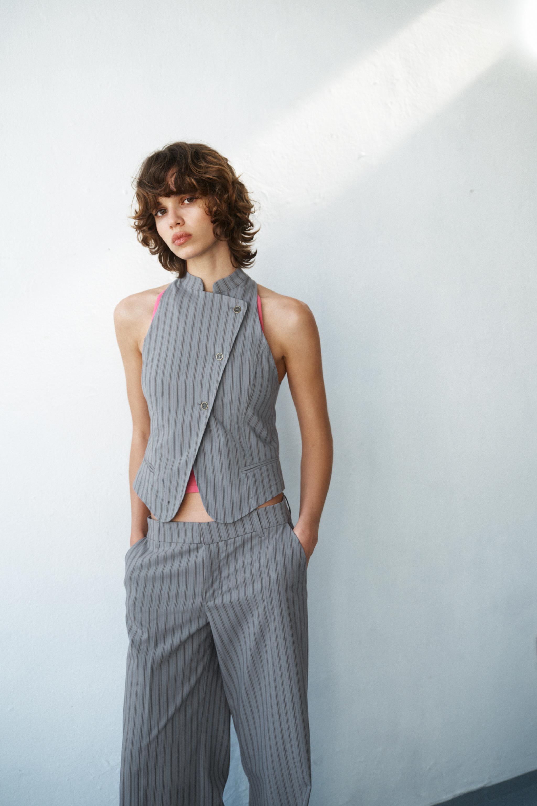 STRIPED DOUBLE-BREASTED WAISTCOAT — Blue / Grey