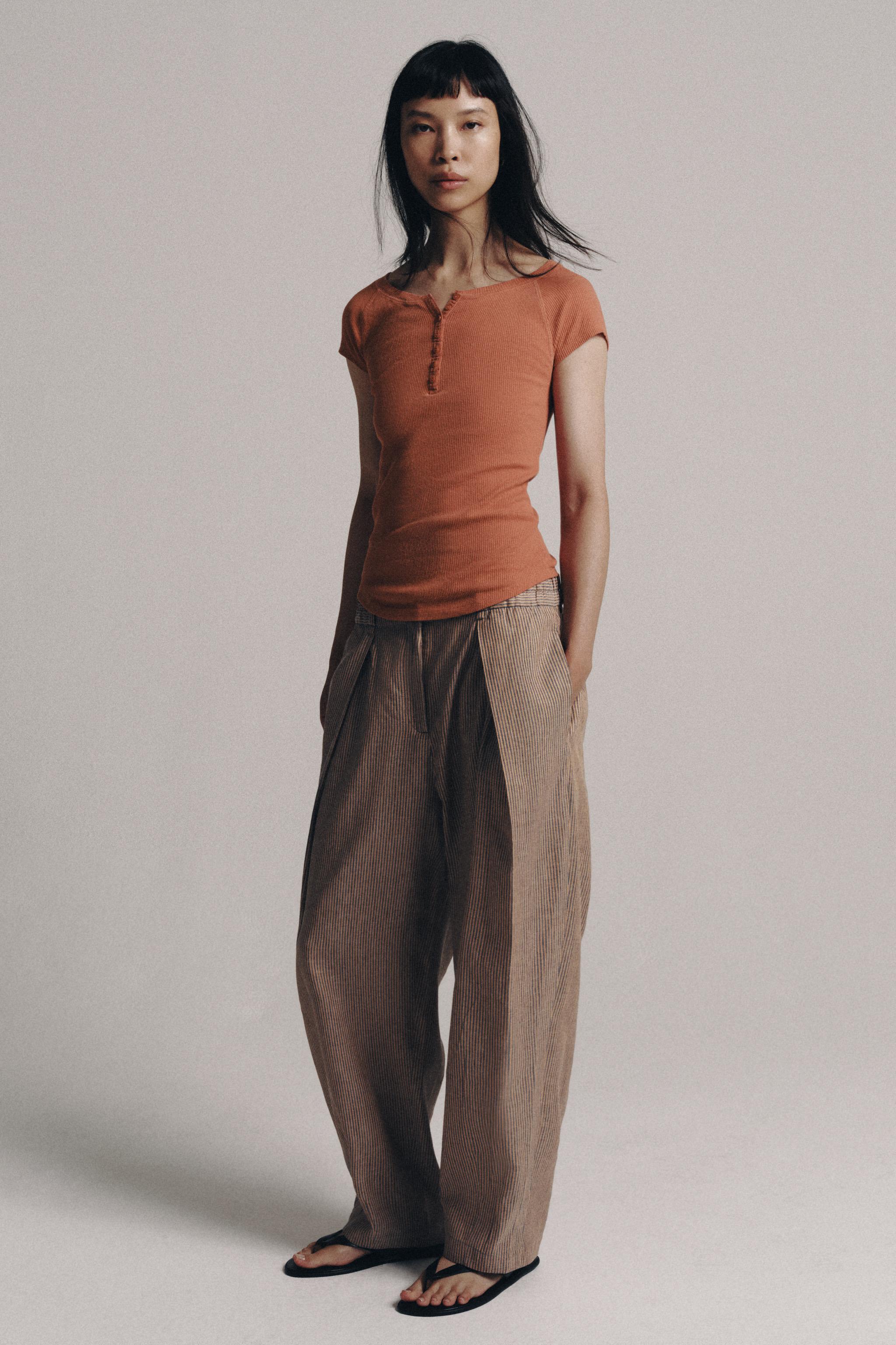 LINEN BLEND BUTTON-UP T-SHIRT — Terracotta