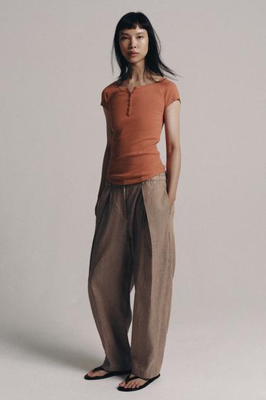 LINEN BLEND BUTTON T-SHIRT - Terracotta by Zara