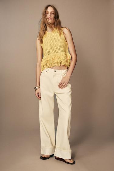 CHECK KNIT TOP WITH FRINGING - Yellow by Zara - Image 0