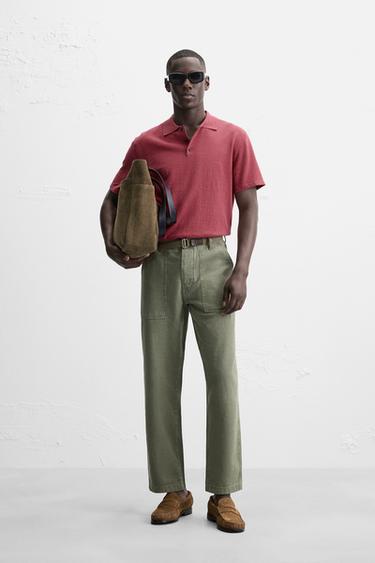 Zara KNIT POLO SHIRT WITH LINEN - Raspberry - Image 0