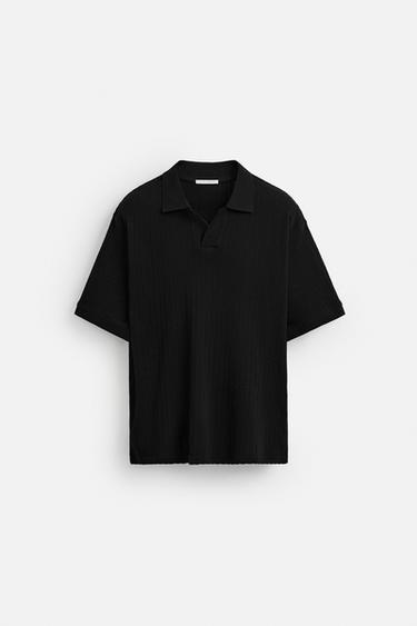 Zara RIB TEXTURED POLO SHIRT - Black