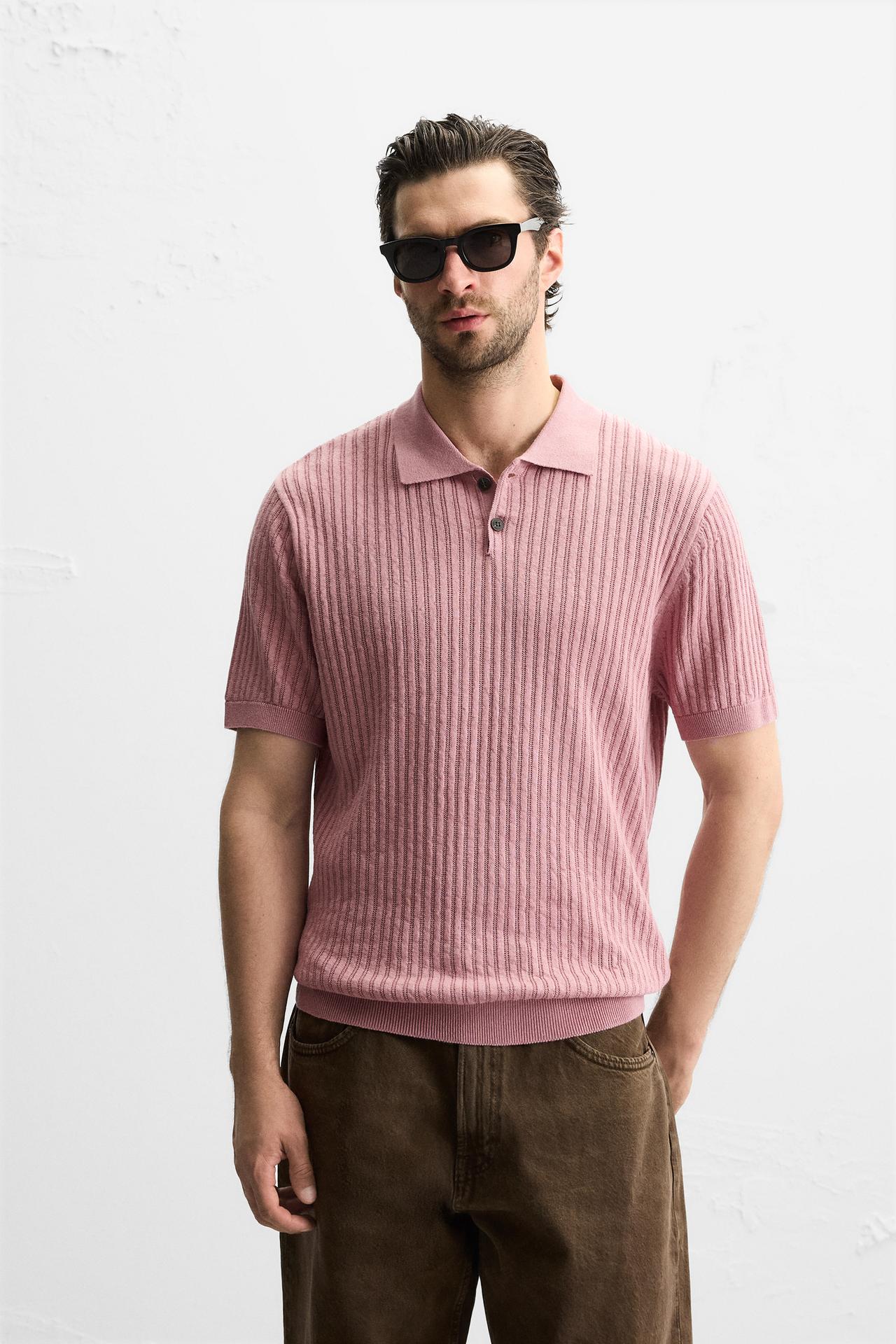Zara RIB KNIT POLO SHIRT - Faded pink