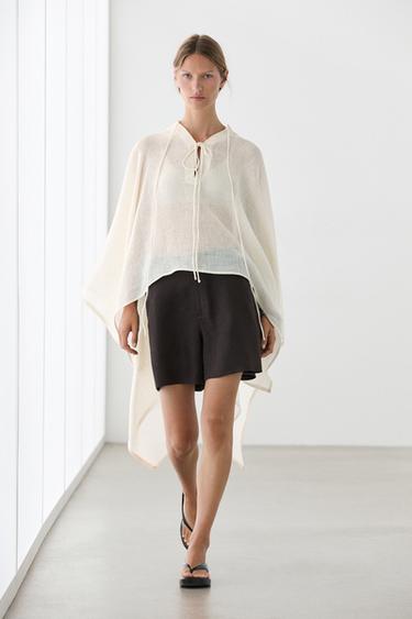 Zara 100% linen stand collar cape - Ecru - Image 0