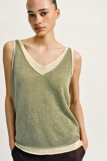 KNIT TOP WITH CONTRAST DETAILING - Khaki by Zara