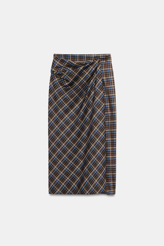 ZW COLLECTION CHECK MIDI SKIRT - Brown-Blue by Zara - Image 0