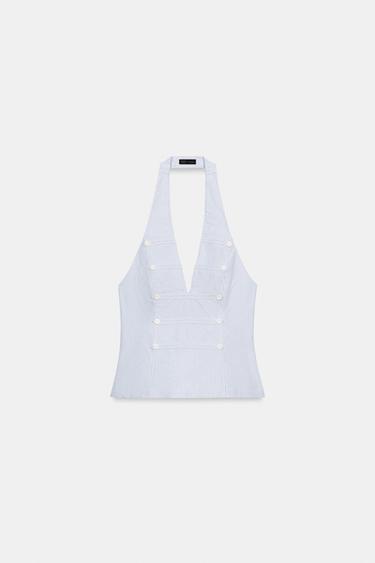 Zara 繞頸吊帶鈕扣上衣 - 藍色 / 白色
