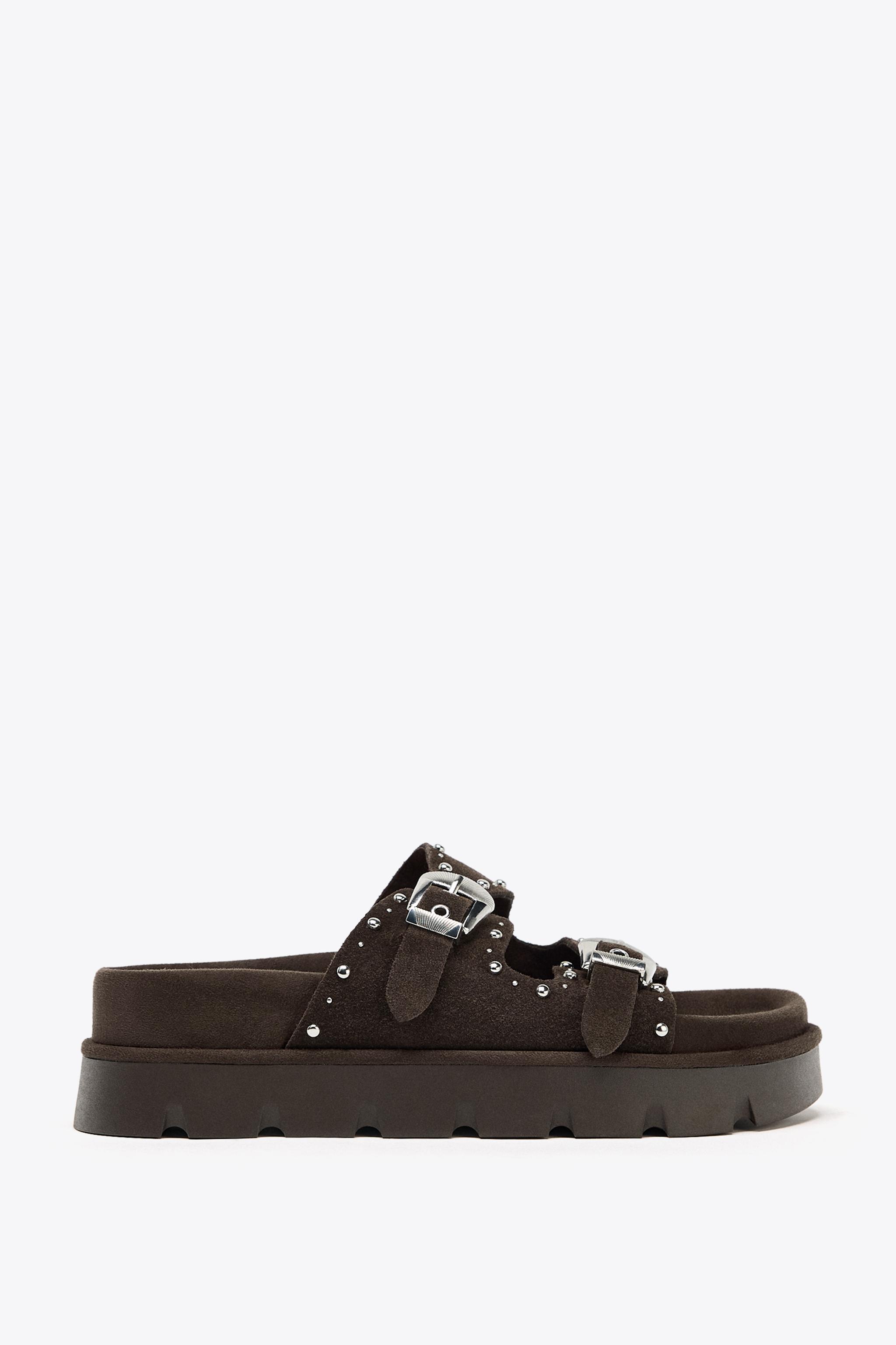 ZARA スタッズ付きレザーフラットサンダル 3630/510 スタッズ付きレザーフラットサンダル - ブラウン | ZARA Japan