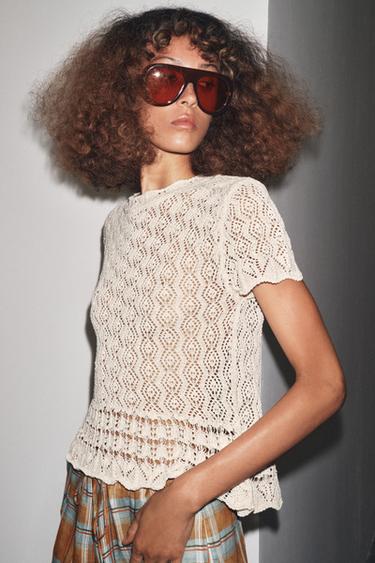 SHORT SLEEVE POINTELLE KNIT TOP - Ecru by Zara - Image 3