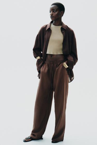 Zara TEXTURED WEAVE PANTS - Chocolate brown - Image 0