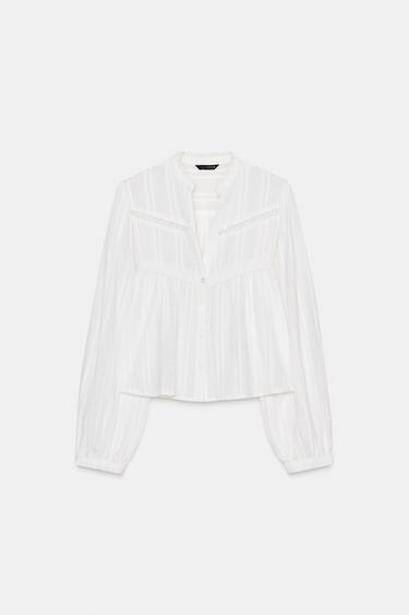 ÁO SƠ MI CỘC TAY PHỐI ĐĂNG TEN - Màu trắng ngà từ Zara - Hình ảnh 0