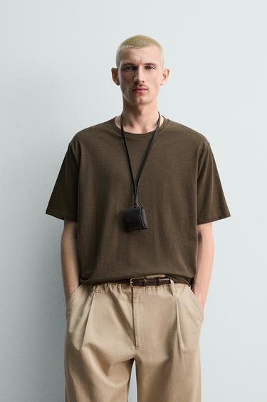 REGULAR FIT COTTON BLEND T-SHIRT - Brown by Zara