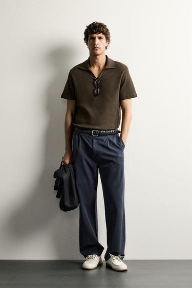REGULAR FIT OPEN-KNIT POLO SHIRT - Brown by Zara - Image 0