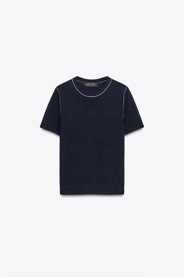 Zara CONTRAST TRIM KNIT SHORT SLEEVE TOP - Navy blue