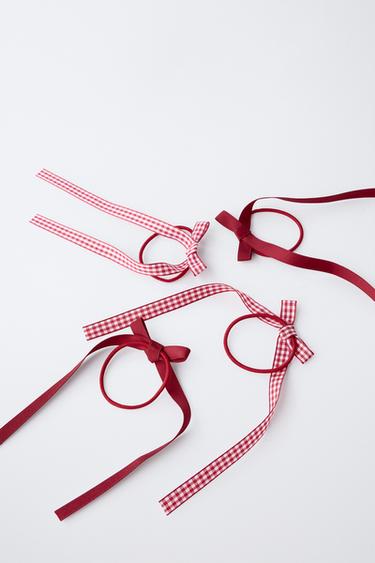 4-PACK OF GINGHAM CHECK HAIR BOBBLES WITH BOWS - Burgundy by Zara - Image 1