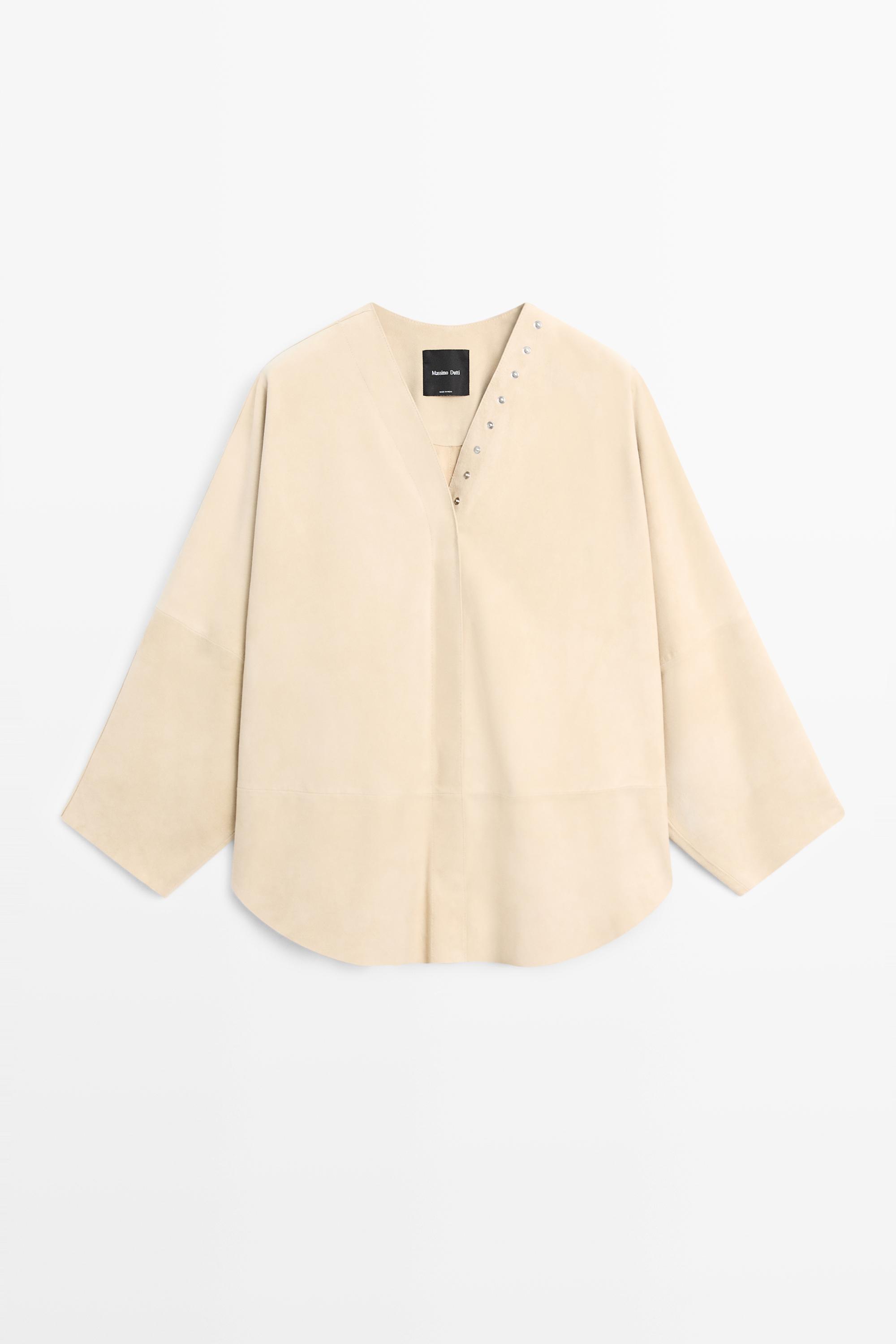 Suede leather shirt with snap button detail