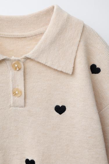 KNITTED POLO SHIRT WITH HEARTS - Ecru by Zara - Image 2