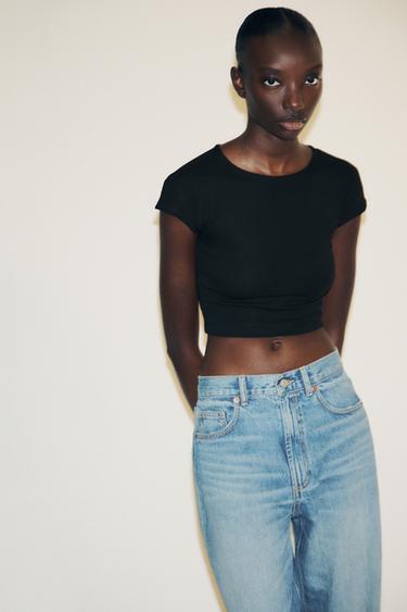 Zara 短版棉質莫代爾T恤 - 黑色