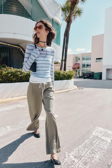 Zara 雙腰帶寬管長褲 - 卡其色