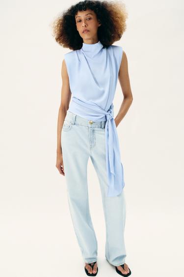 SATIN TOP WITH BOW AND SHOULDER PADS - Light blue by Zara - Image 0
