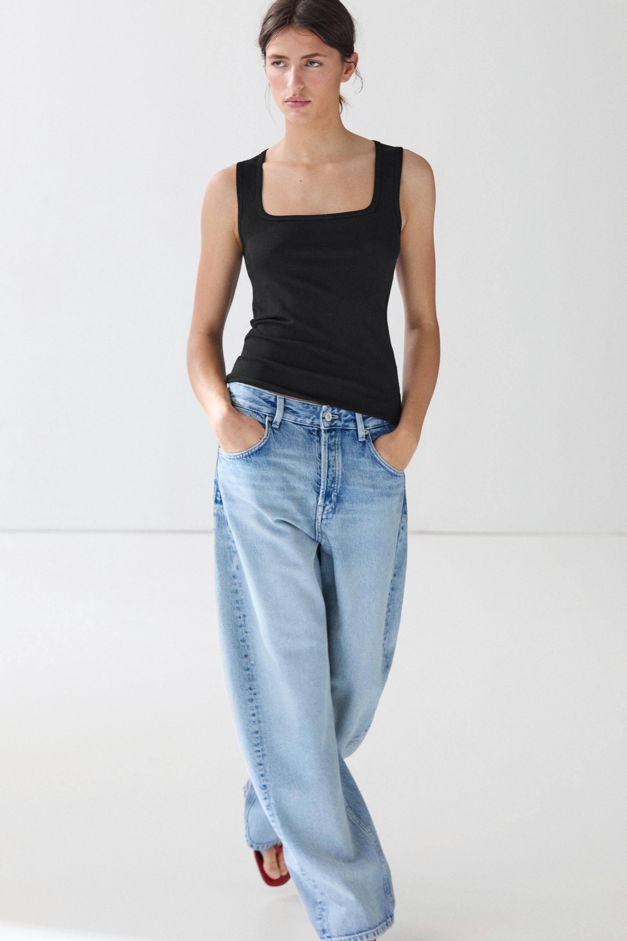 Cotton blend square neck top — Black