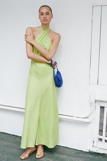 LINEN BLEND HALTER MIDI DRESS - Lime by Zara - Image 0