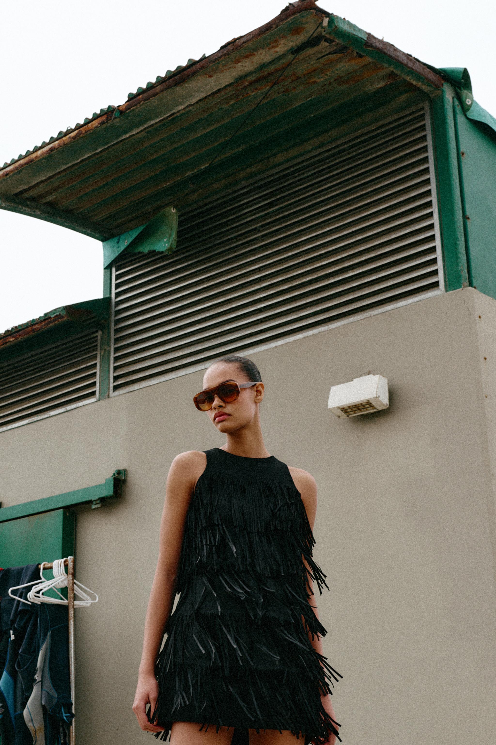 STUDDED FRINGED FAUX SUEDE DRESS