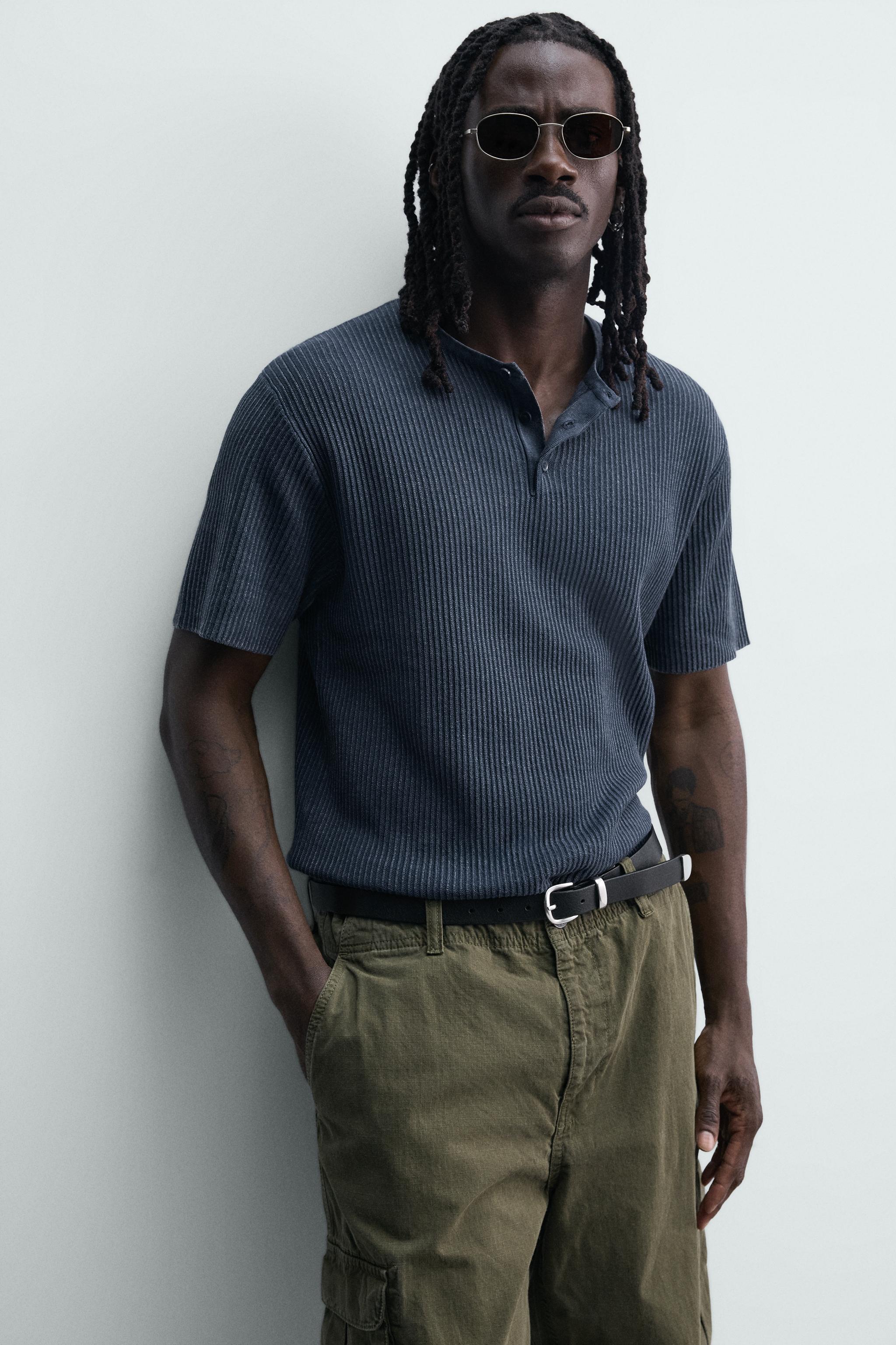 ウォッシュドニットヘンリーネックTシャツ - インディゴブルー | ZARA