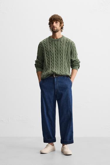 WASHED CABLE-KNIT SWEATER - Green by Zara - Image 0