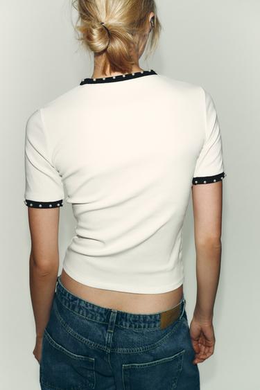T-SHIRT EN TRICOT AVEC PERLES - Blanc de Zara - Image 3