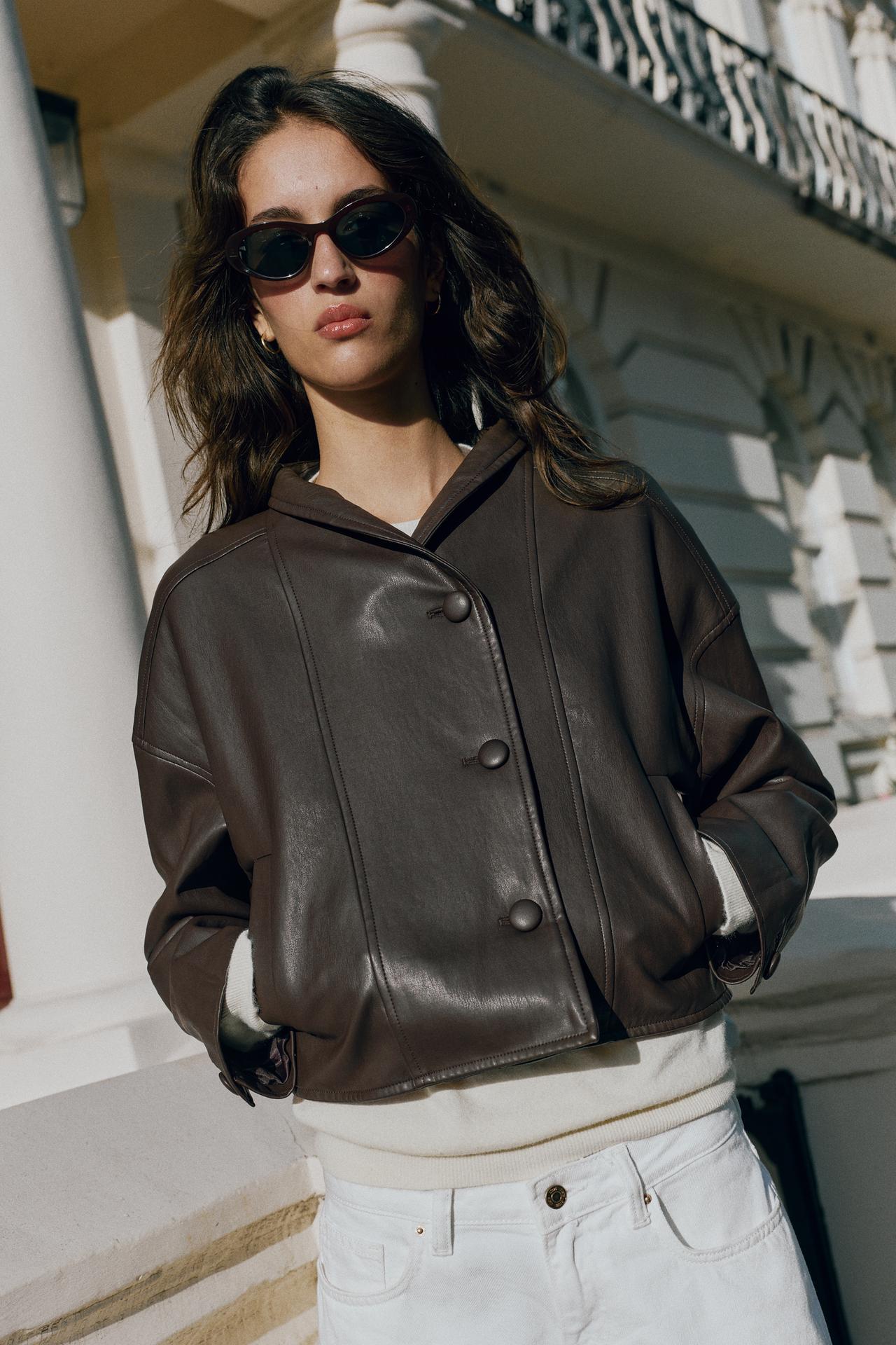 LEATHER EFFECT JACKET WITH BACK PLEATS — Brown