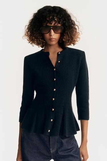 Zara KNIT PEPLUM JACKET - Navy blue