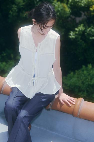 TOP WITH TIES AND TUCKS - Oyster-white by Zara