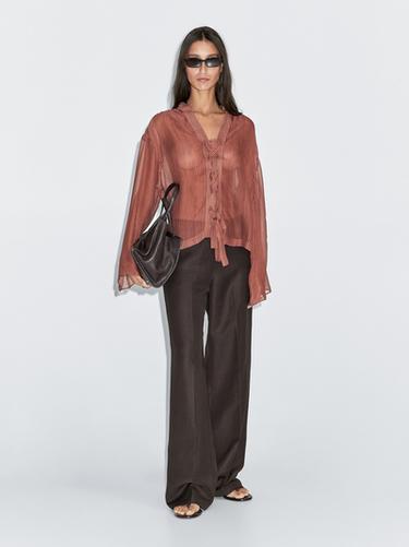 Zara Semi-sheer shirt with tie detail - Burnt orange - Image 0