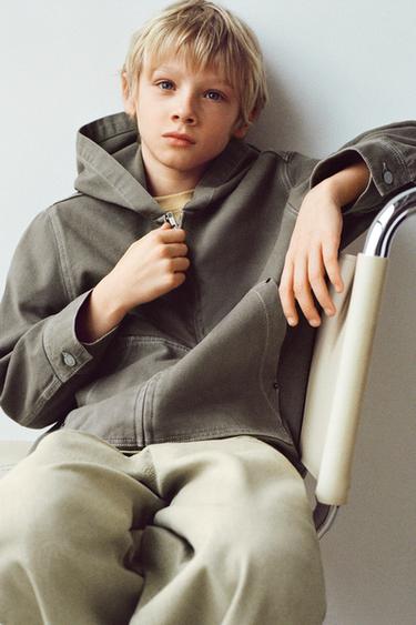 HOODED OVERSHIRT WITH EMBROIDERED SLOGAN - Mink by Zara - Image 0
