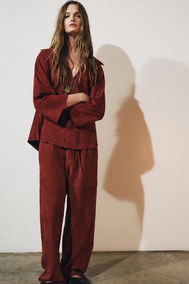 LIMITED EDITION SUEDE LEATHER POCKET SHIRT - Burgundy by Zara