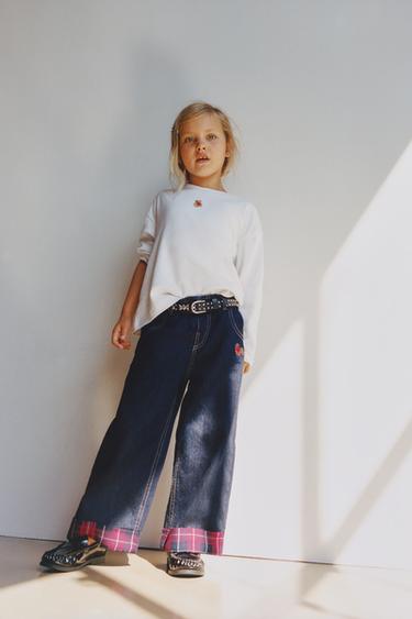 WIDE-LEG CHECKED TURN-UP JEANS WITH EMBROIDERY - Blue by Zara
