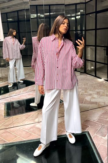 РУБАШКА ОВЕРСАЙЗ В ПОЛОСКУ — Красный / Белый от Zara — изображение 0
