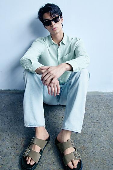 Zara 絨面真皮雙絆帶涼鞋 - 暗灰褐色