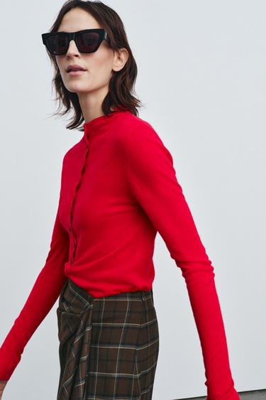 Zara EXTRA-FINE KNIT CARDIGAN - Red