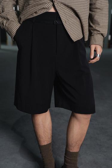Zara 休閒版打褶配腰帶短褲 - 黑色