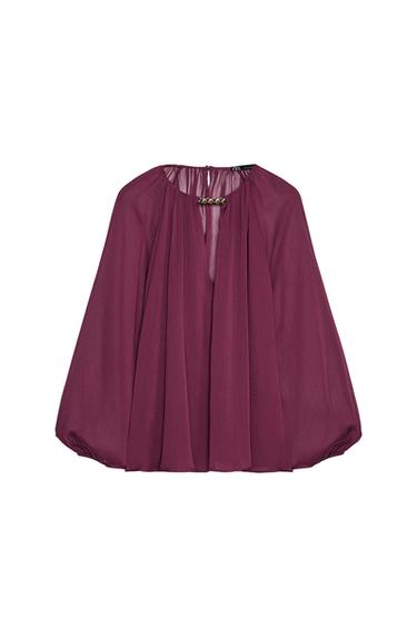 BLUSA SEMITRANSPARENTE COM AVIAMENTOS - Beringela-escuro da Zara