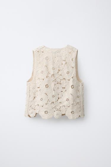BEADED CROCHET KNIT VEST - Ecru by Zara - Image 1